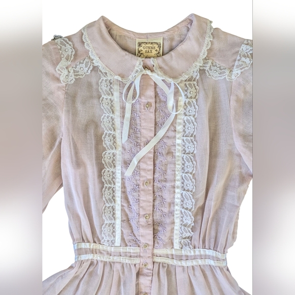 Gunne Sax Vintage Pastel Sheer Lace Button-Up Midi Girlhood Blouson Dress Size 5 - Picture 16 of 16